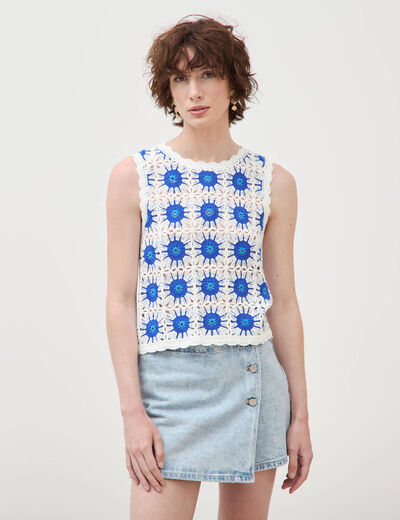 D&eacute;bardeur crochet col rond sans manches bleu electrique femme