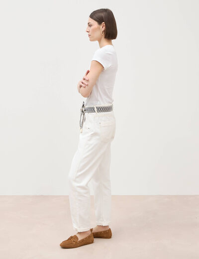 Jeans boyfriend ceintur&eacute; denim blanc femme