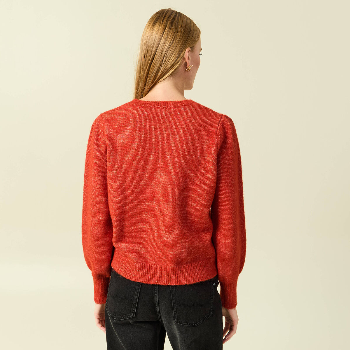 Pull manches longues col rond rouge fonc&eacute; femme
