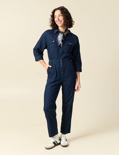 Combipantalon en coton aspect jeans denim brut rinse femme