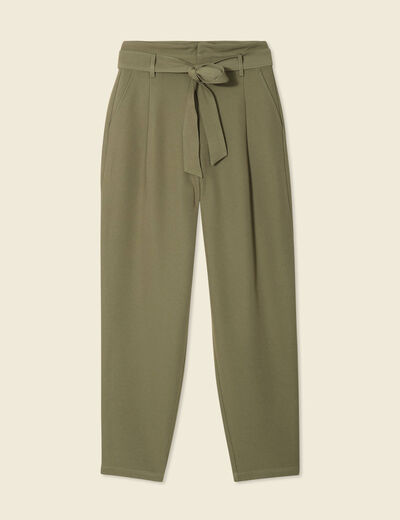 Pantalon carotte ceinturé vert kaki femme