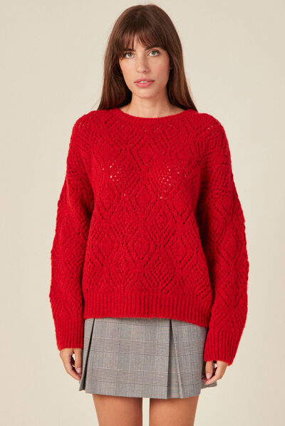 Pull manches longues ajouré rouge femme