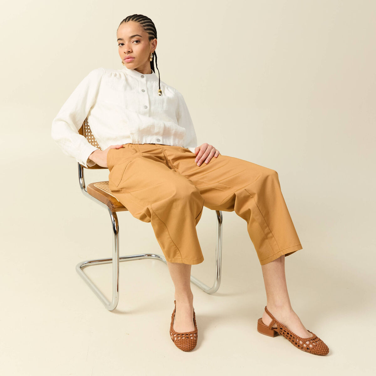 Pantalon barrel cargo taille standard jaune moutarde femme