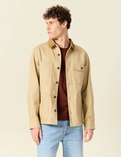 Veste boutonnée col velours beige homme