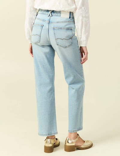 Jeans straight 7/8&egrave;me taille haute denim bleach femme