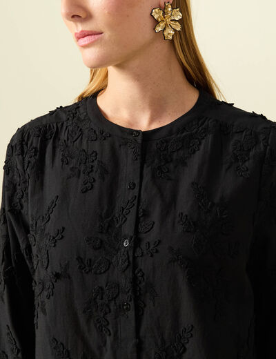 Chemise col rond manches longues brod&eacute;e noir femme