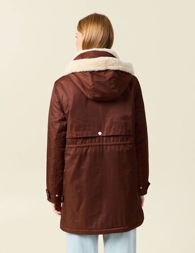 Parka droite &agrave; capuche marron fonc&eacute; femme