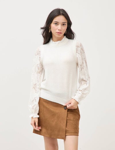 Pull droit col montant manches longues ecru femme