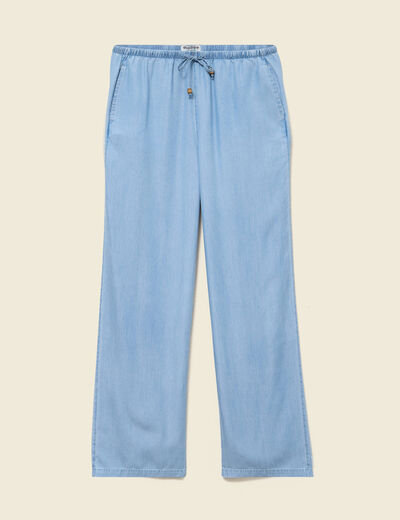 Jeans taille &eacute;lastique coupe droite denim bleach femme