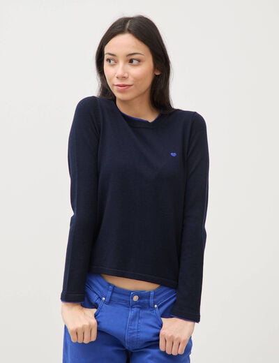 Pull fin col rond manches longues bleu fonc&eacute; femme