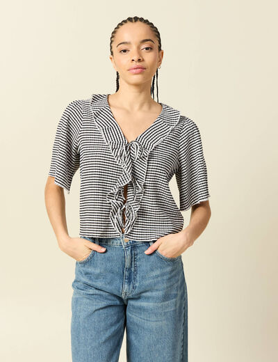 T-shirt col V &agrave; volants manches courtes ecru femme