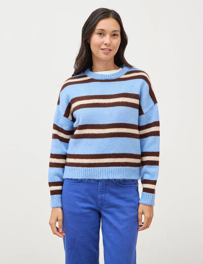 Pull droit manches longues col rond bleu femme