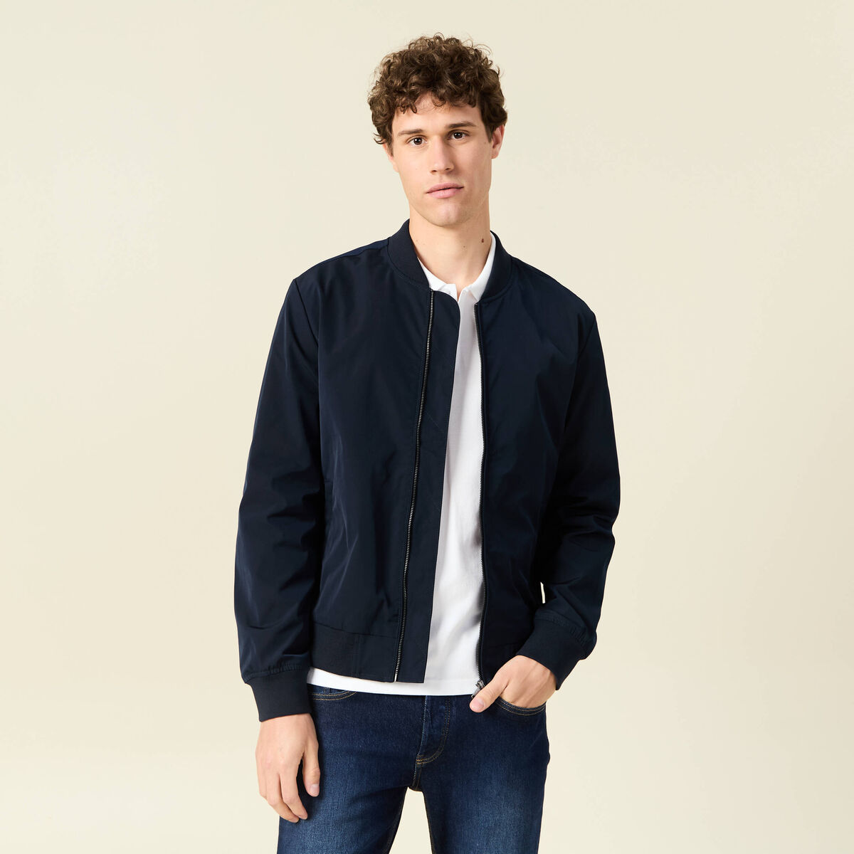 Blouson court manches longues doubl&eacute; bleu marine homme