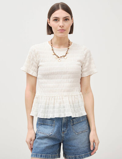T-shirt cintr&eacute; fronc&eacute; manches courtes ivoire femme