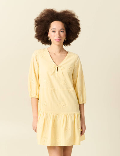 Robe col v manches 3/4 en coton jaune clair femme