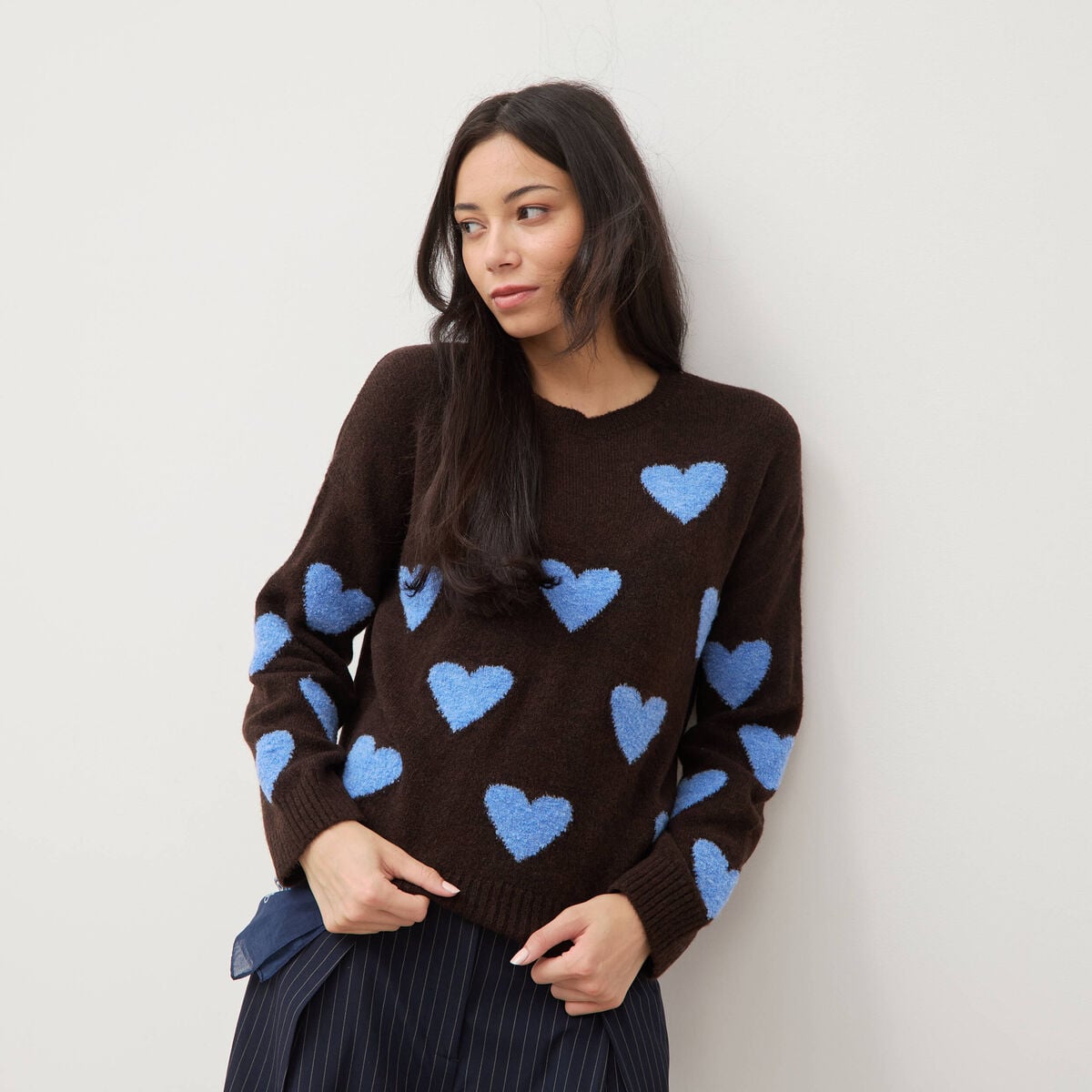 Pull manches longues bouclette col rond marron femme