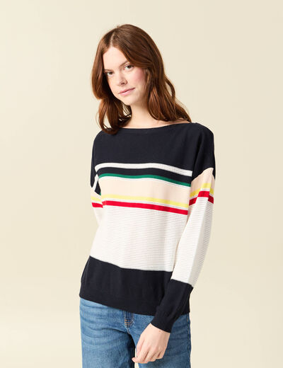 Pull col bateau manches longues en coton bleu marine femme
