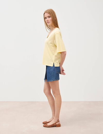 T-shirt col v manches courtes en coton jaune clair femme