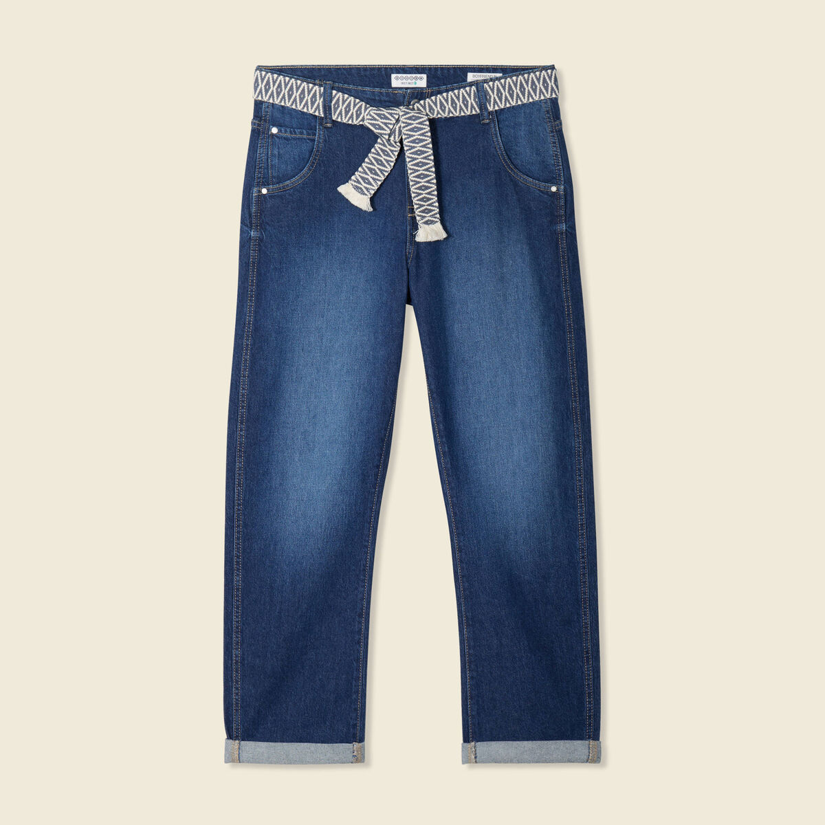 Jeans boyfriend ceinturé denim brut femme
