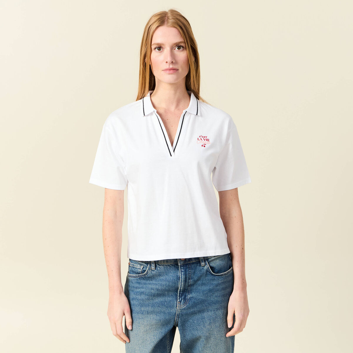 T-shirt droit court col V en coton blanc femme