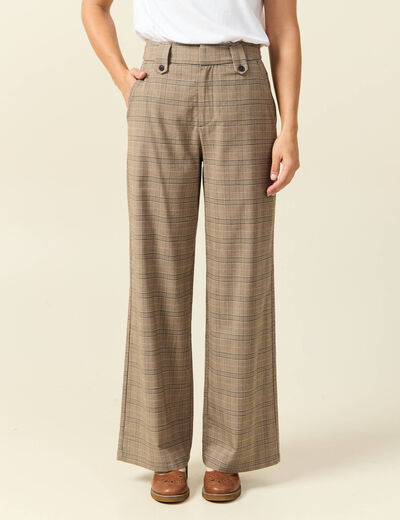 Pantalon large taille haute fluide beige fonce femme