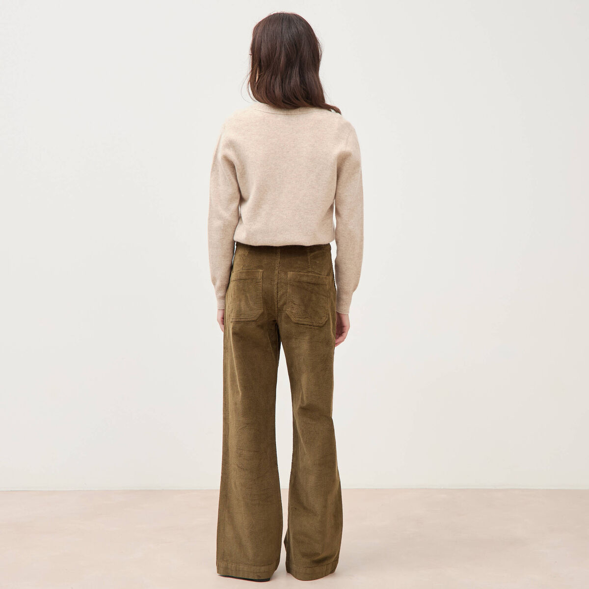 Pantalon large taille haute en velours vert olive femme