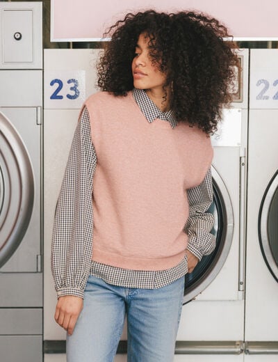 Pull droit court sans manches col rond rose pastel femme
