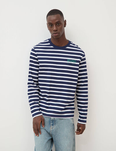 T-shirt ray&eacute; col rond manches longues blanc homme
