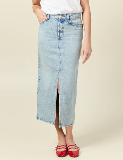 Jupe midi droite en jean denim bleach femme