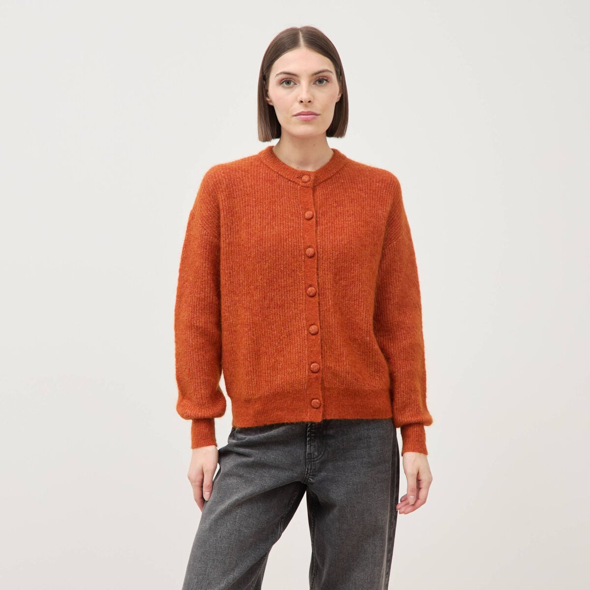 Gilet manches longues col rond marron cognac femme