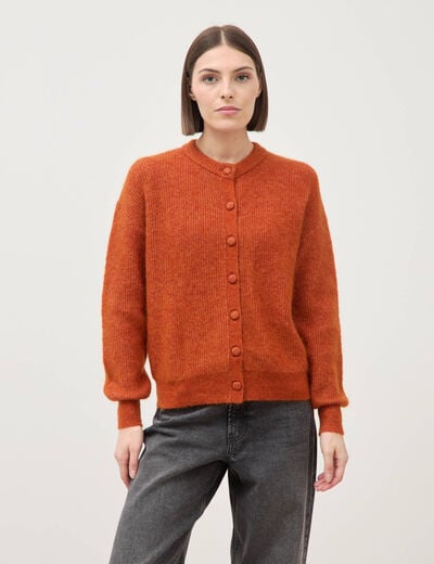 Gilet manches longues col rond marron cognac femme