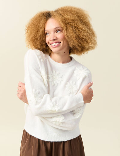Pull manches longues col rond ecru femme