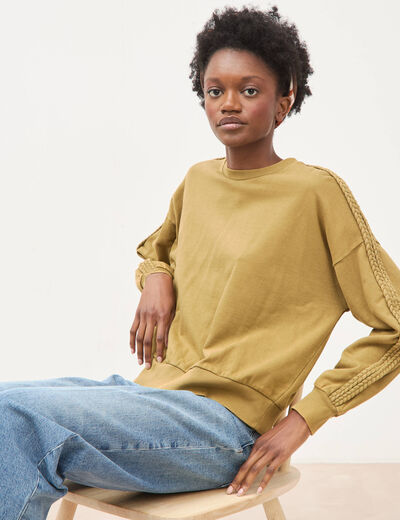 Sweat droit en coton manches longues camel femme