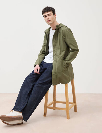 Parka droite mi-longue &agrave; capuche vert kaki homme