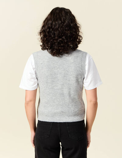 Pull sans manches col en V gris clair femme