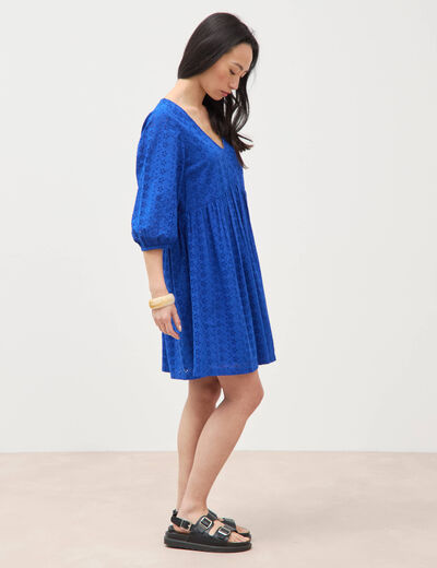 Robe droite courte col v manches 3/4 bleu electrique femme