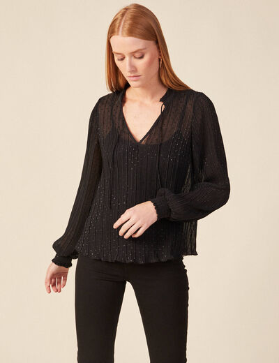 Blouse manches longues plissée noir femme