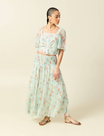 Jupon taille haute doubl&eacute; fluide vert pastel femme