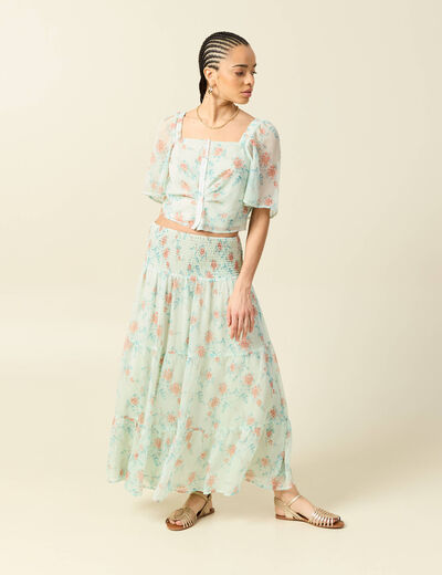 Jupon taille haute doubl&eacute; fluide vert pastel femme