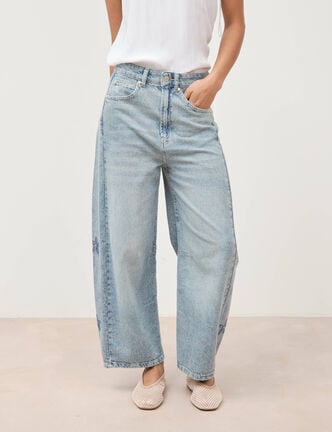 Jeans barrel taille haute 7/8&egrave;me denim bleach femme