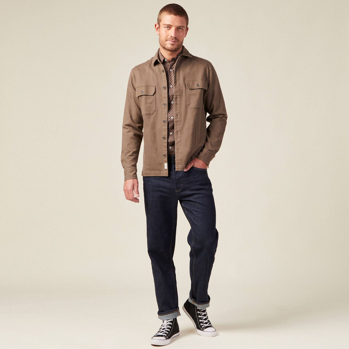 Chemise en coton manches longues marron homme