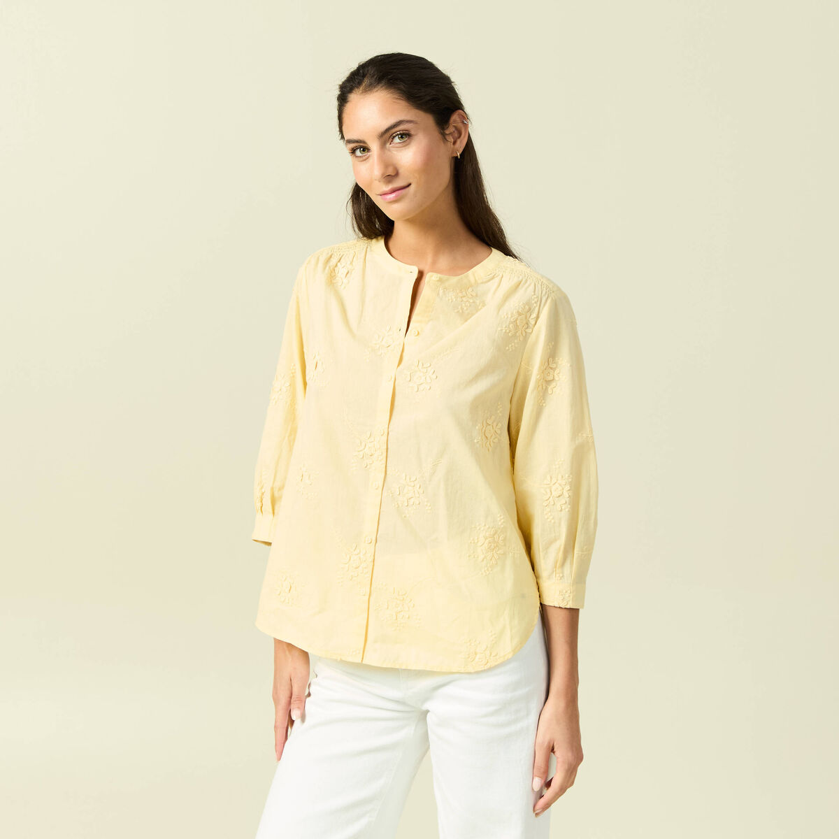 Chemise en coton manches 3/4 jaune clair femme
