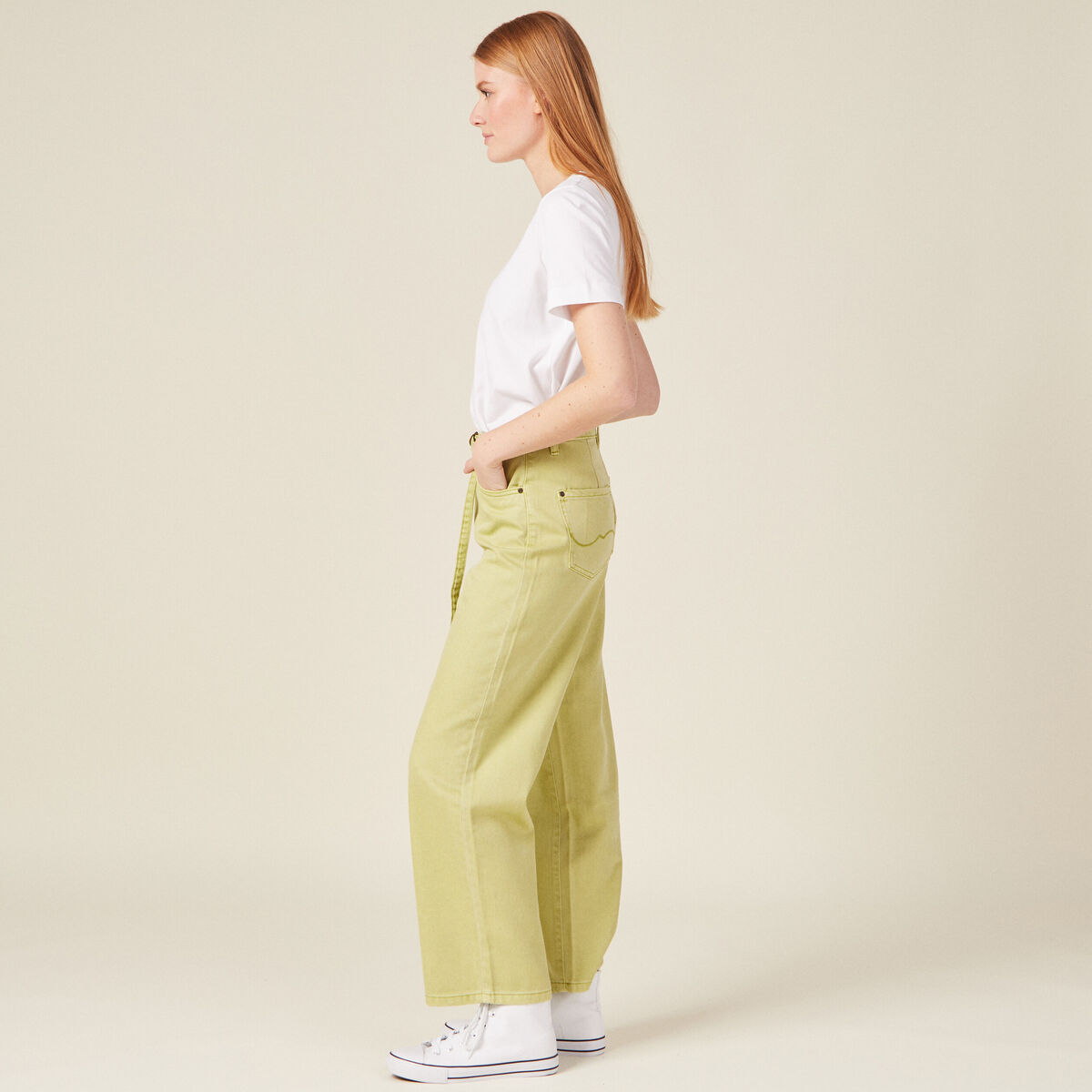 Jeans large taille haute vert anis femme