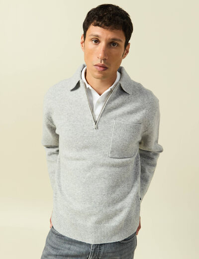 Pull manches longues col polo zipp&eacute; gris homme