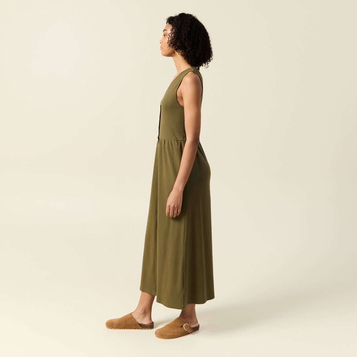 Robe longue droite boutons vert kaki femme