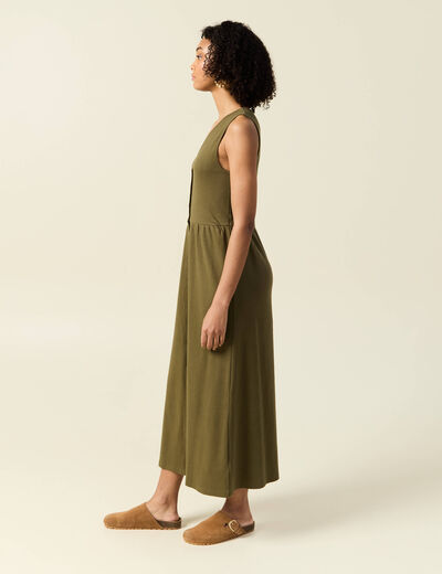 Robe longue droite boutons vert kaki femme