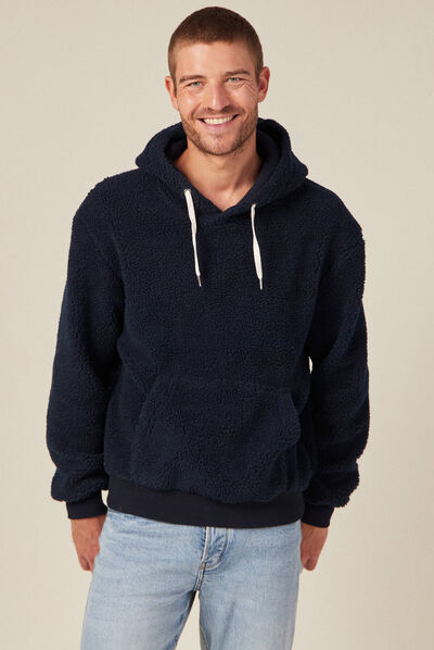 Sweat à capuche laine mouton bleu marine homme