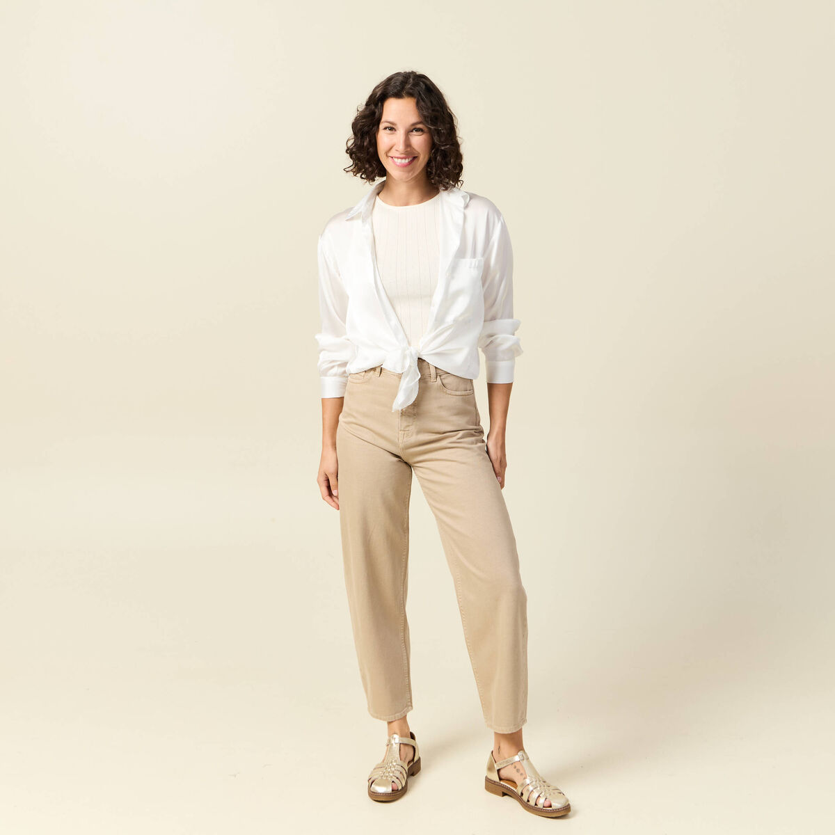 Jeans slouchy taille haute en coton beige femme