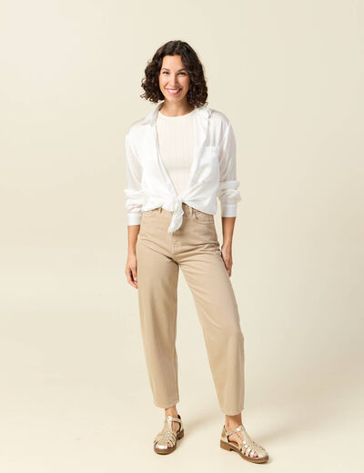 Jeans slouchy taille haute en coton beige femme