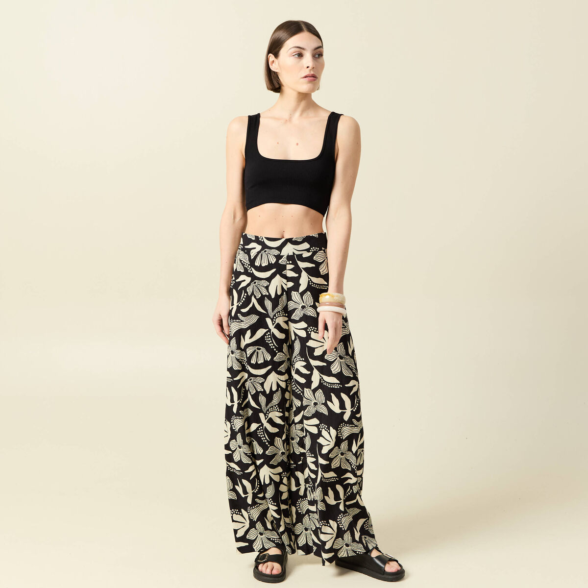 Pantalon large taille haute noir femme